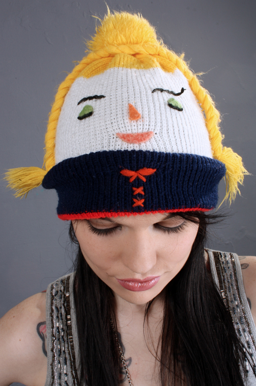 Vintage 70s Hippie Hat Kitsch Face Pigtail Crochet Beanie Burnout